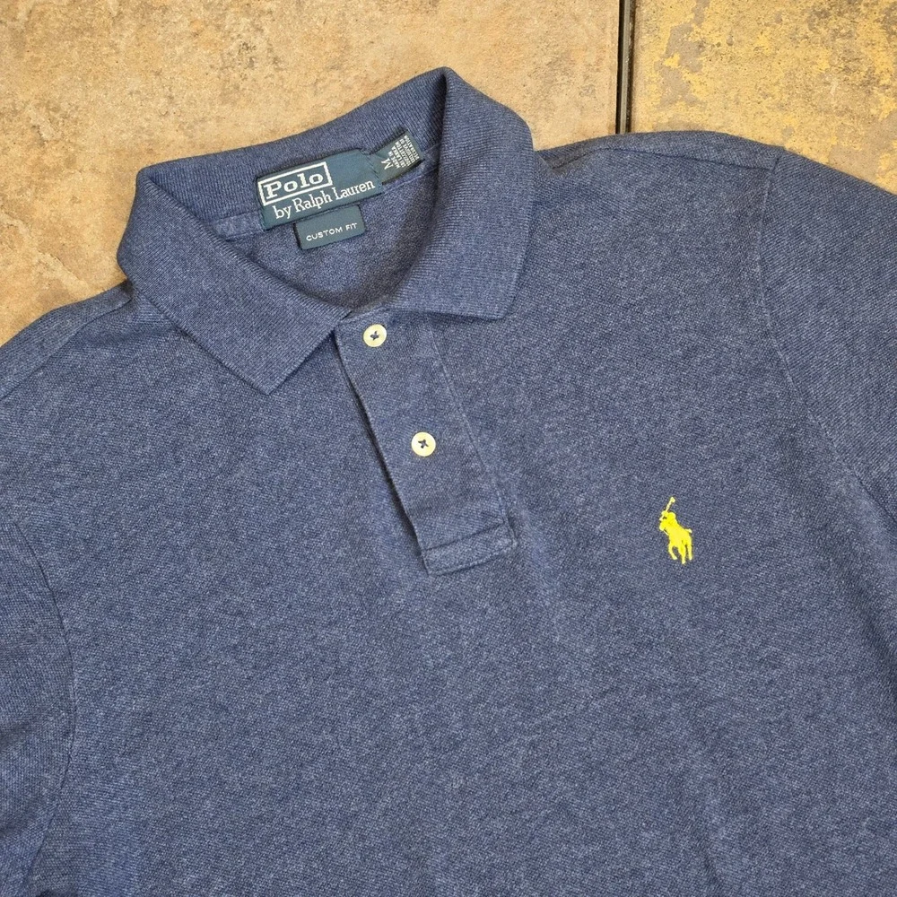 Polo Ralph Lauren Mens Custom Fit Polo Shirt Blue Heather Yellow Pony Size M